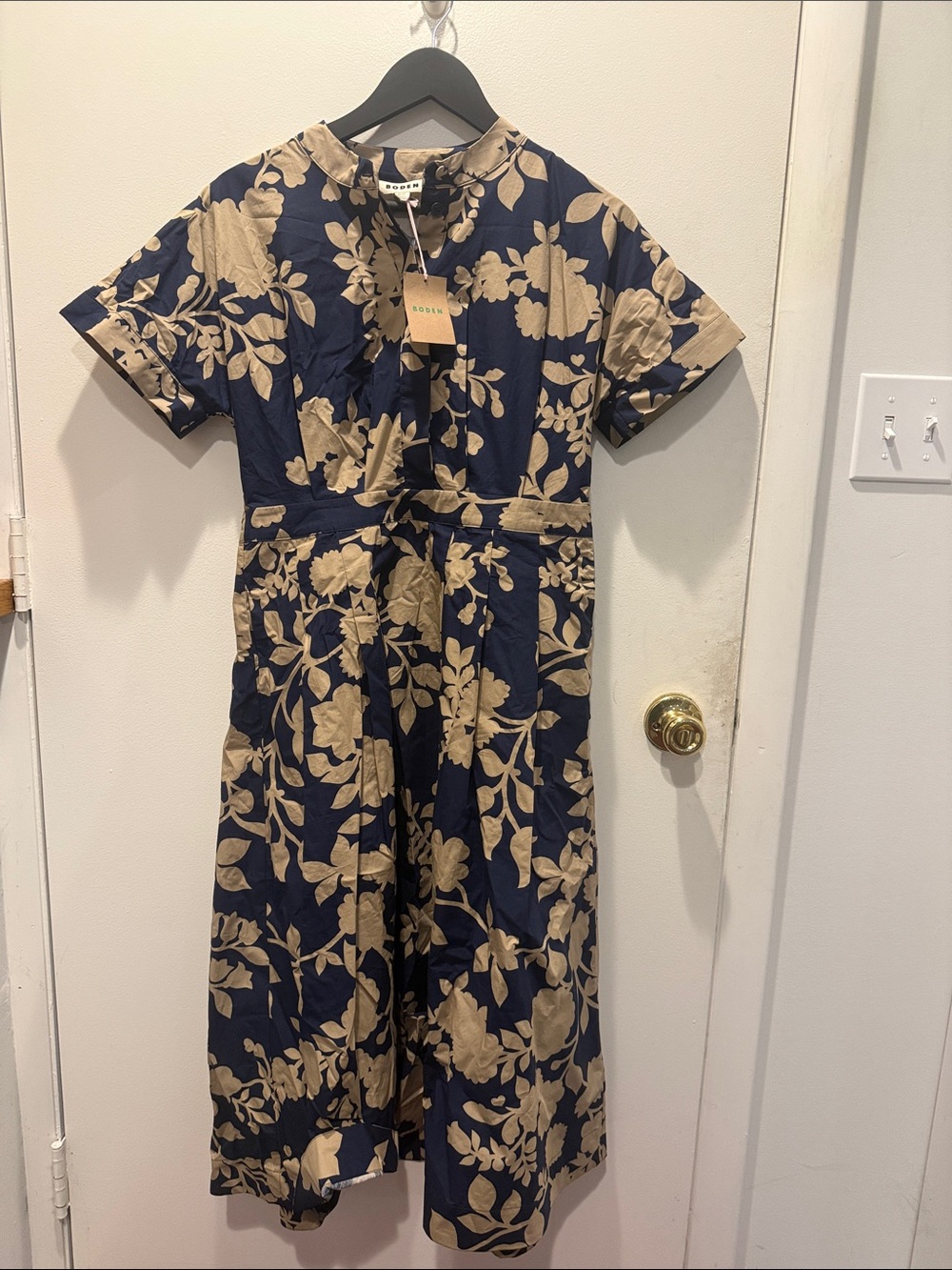Boden Navy Midi Dress with Beige Floral Print